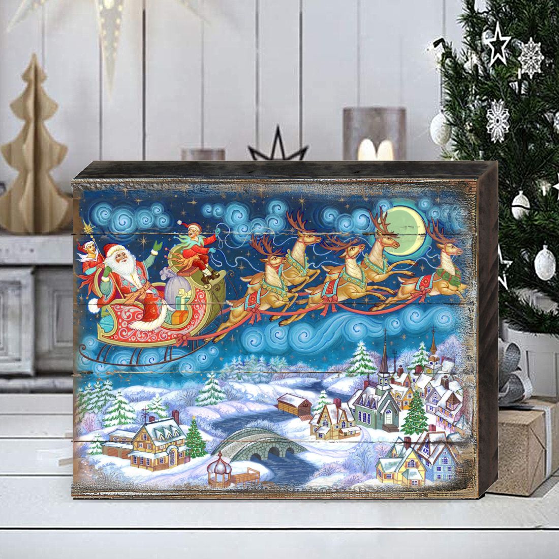 Up-Up and Away Santa Wooden Wall Art by G. DeBrekht - Christmas Santa Snowman Decor - 8151062B