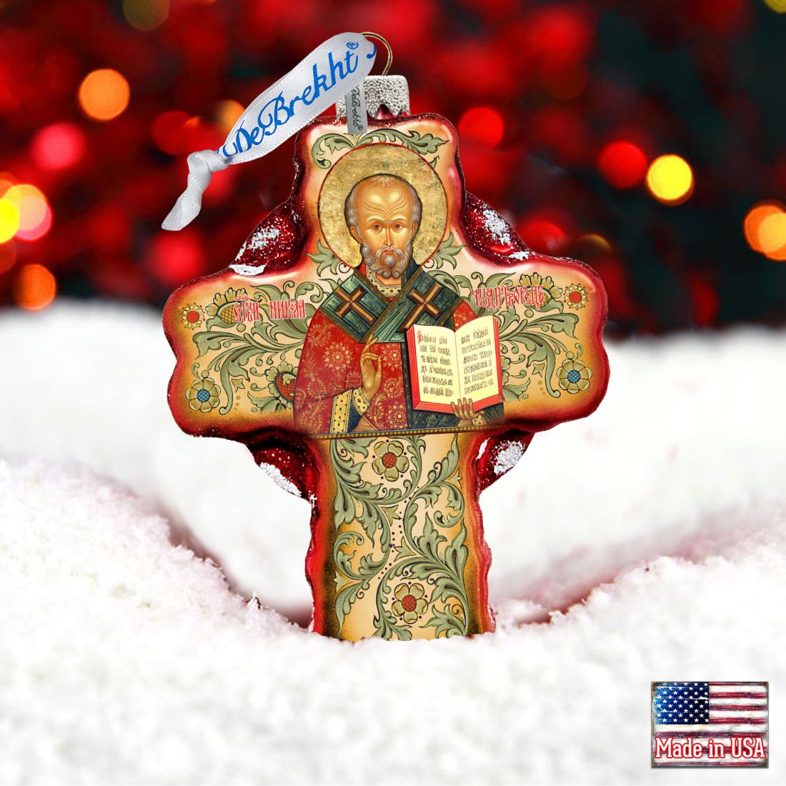 Saint Nicholas Icon Cross Glass Ornament by G. DeBrekht - Nativity Holiday Decor - 758-004