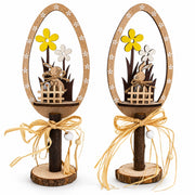 Set of 2 Rustic Wooden Easter Egg Tabletop Decorations With Bunny Scene 10.7 Inches Tall