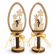 Set of 2 Rustic Wooden Easter Egg Tabletop Decorations With Bunny Scene 10.7 Inches Tall