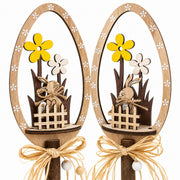 Set of 2 Rustic Wooden Easter Egg Tabletop Decorations With Bunny Scene 10.7 Inches Tall