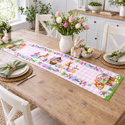 Fabric Easter Table Runner Featuring Playful Bunnies and Pastel Eggs 73 Inches Long