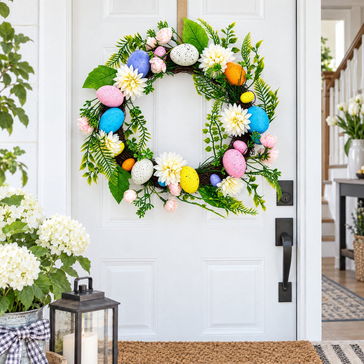 Festive Easter Floral Door Wreath with Pastel Speckled Eggs