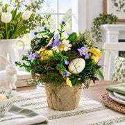 Easter Egg & Floral Arrangement – Rustic Spring Tabletop Decor in Burlap Pot 6.4 Inches Tall