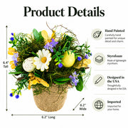 Easter Egg & Floral Arrangement – Rustic Spring Tabletop Decor in Burlap Pot 6.4 Inches Tall