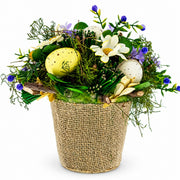 Easter Egg & Floral Arrangement – Rustic Spring Tabletop Decor in Burlap Pot 6.4 Inches Tall