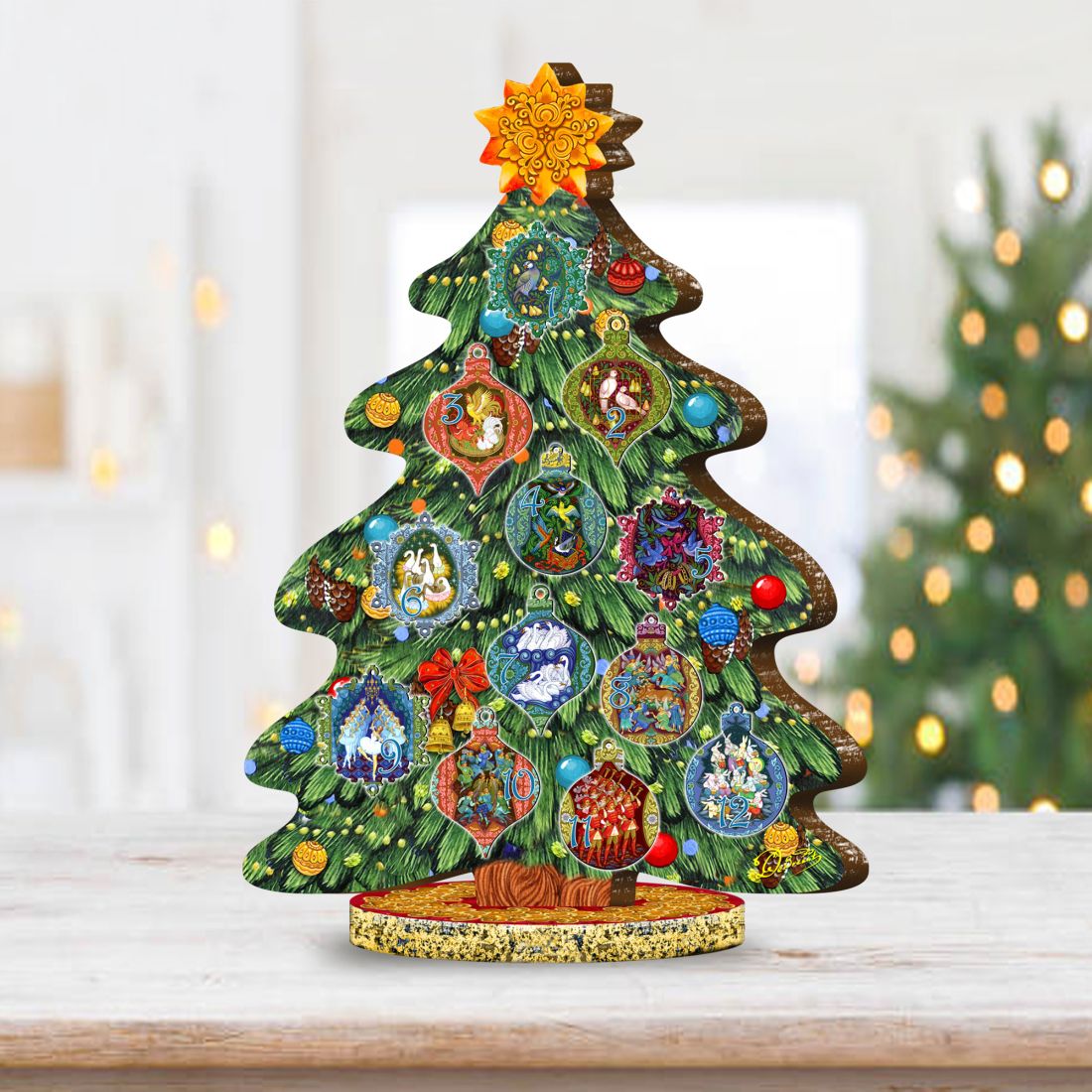 12 Days of Christmas Decorated Centerpiece Wooden Tree Figurine by G. Debrekht - Christmas Decor - 89303