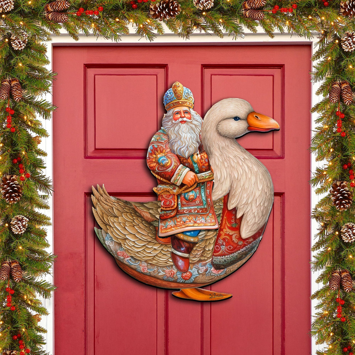 Charming Santa Riding Goose Holiday Door Decor by G. Debrekht - Christmas Santa Snowman Decor - 8611063H