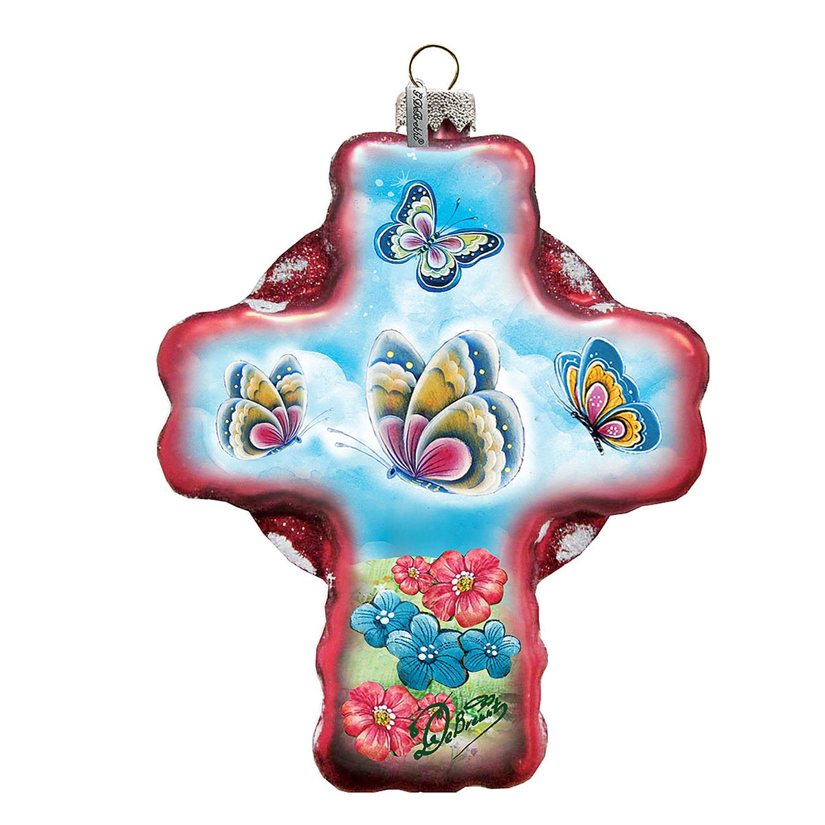 Butterflies Cross Red Glass Ornament by G. DeBrekht - Nativity Holiday Decor - 758-001R