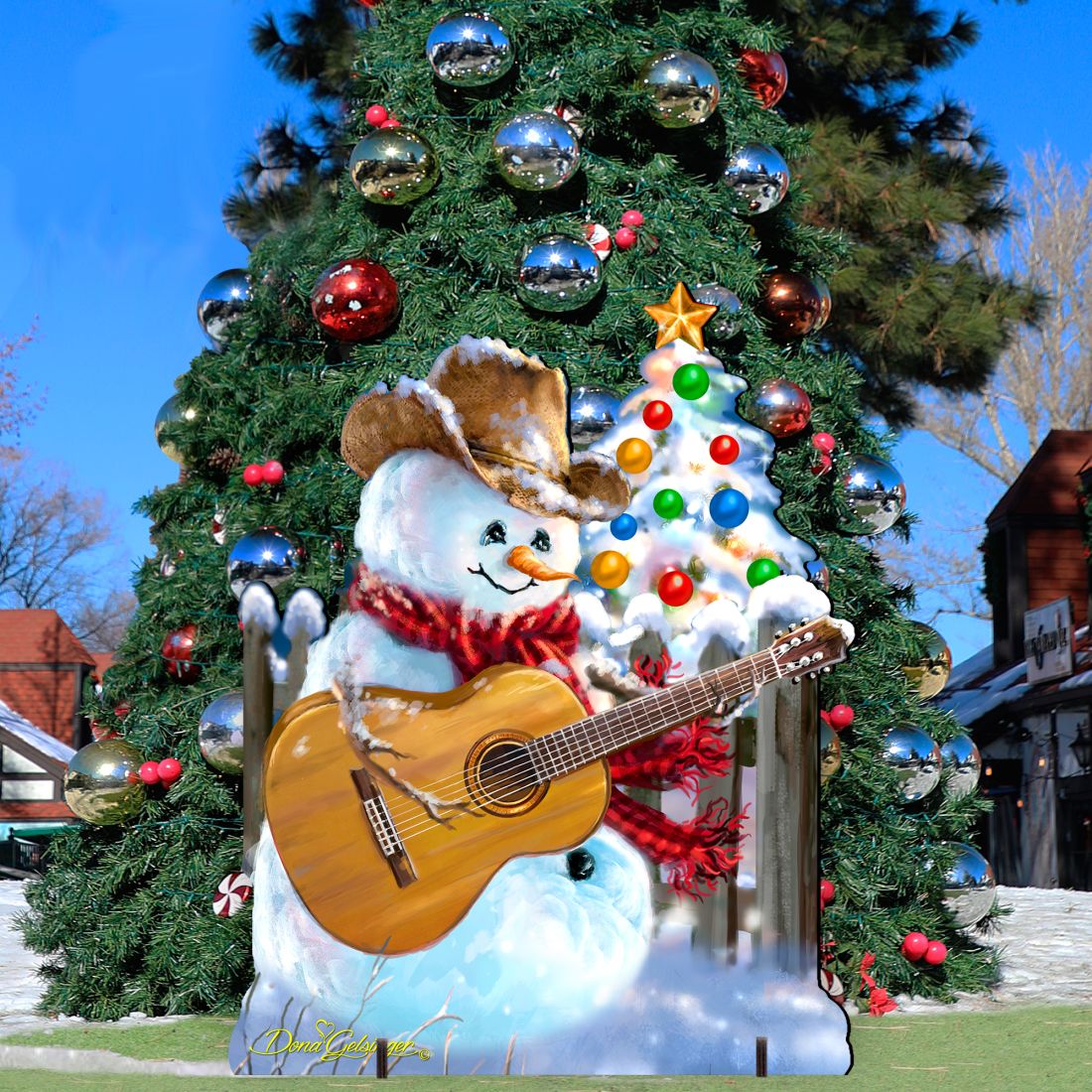 Guitar Rocker Snowman Christmas Outdoor Scene