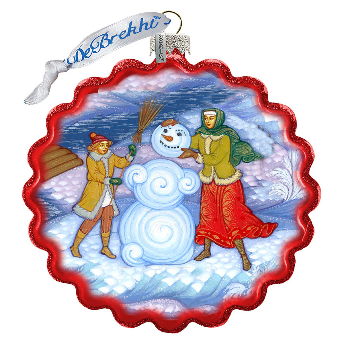Palekh Building Snowman Wreath Glass Ornament by G. DeBrekht - Christmas Decor - 759-038