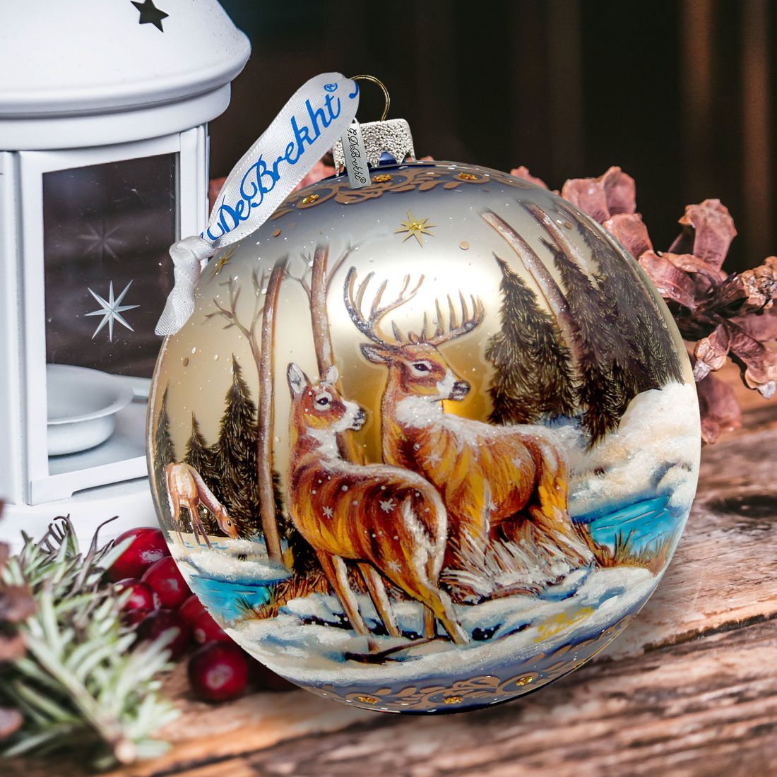 Peaceful Greetings Reindeers Ball Glass Ornament Limited Edition by G. DeBrekht - Christmas Decor - 73883