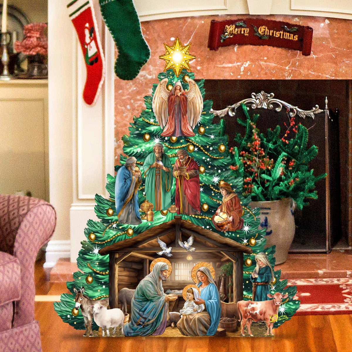 Nativity-Themed Christmas Tree Outdoor Indoor Decor Wooden Christmas Decoration