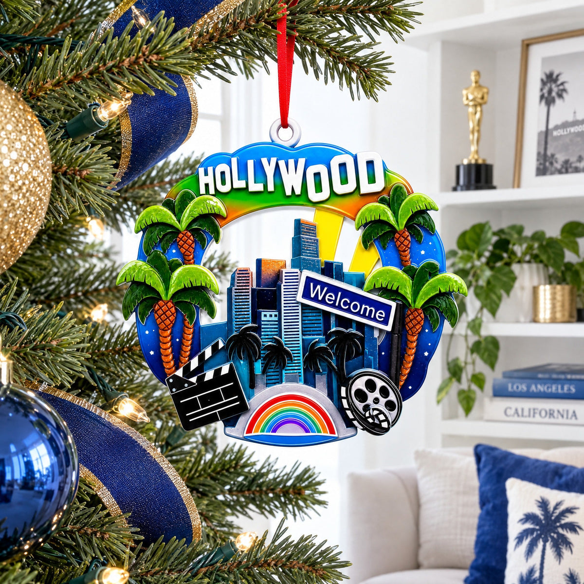 Los Angeles Hollywood Skyline Palm Trees Resin Christmas Ornament