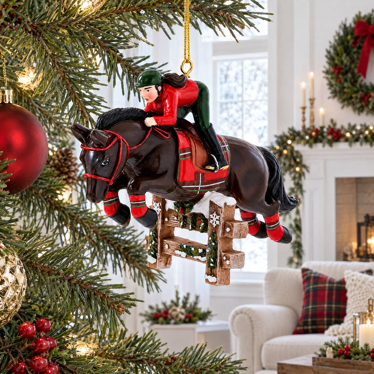 Equestrian Show Jumping Horse And Rider Resin Christmas Ornament