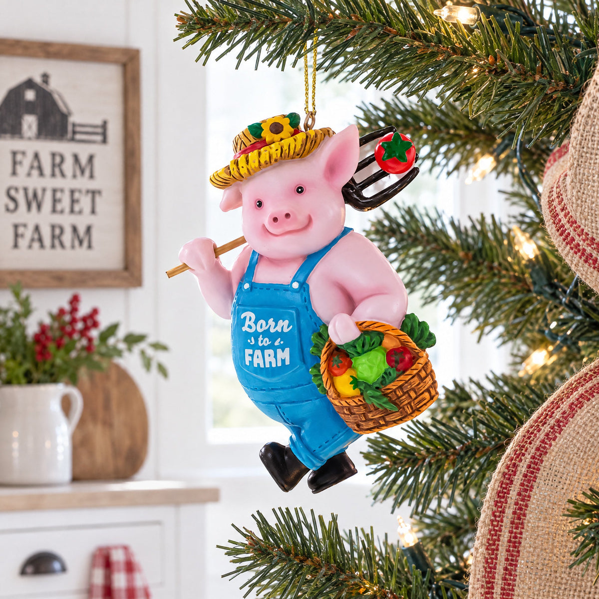 Born to Farm Pig Farmer with Vegetable Basket Resin Christmas Ornament