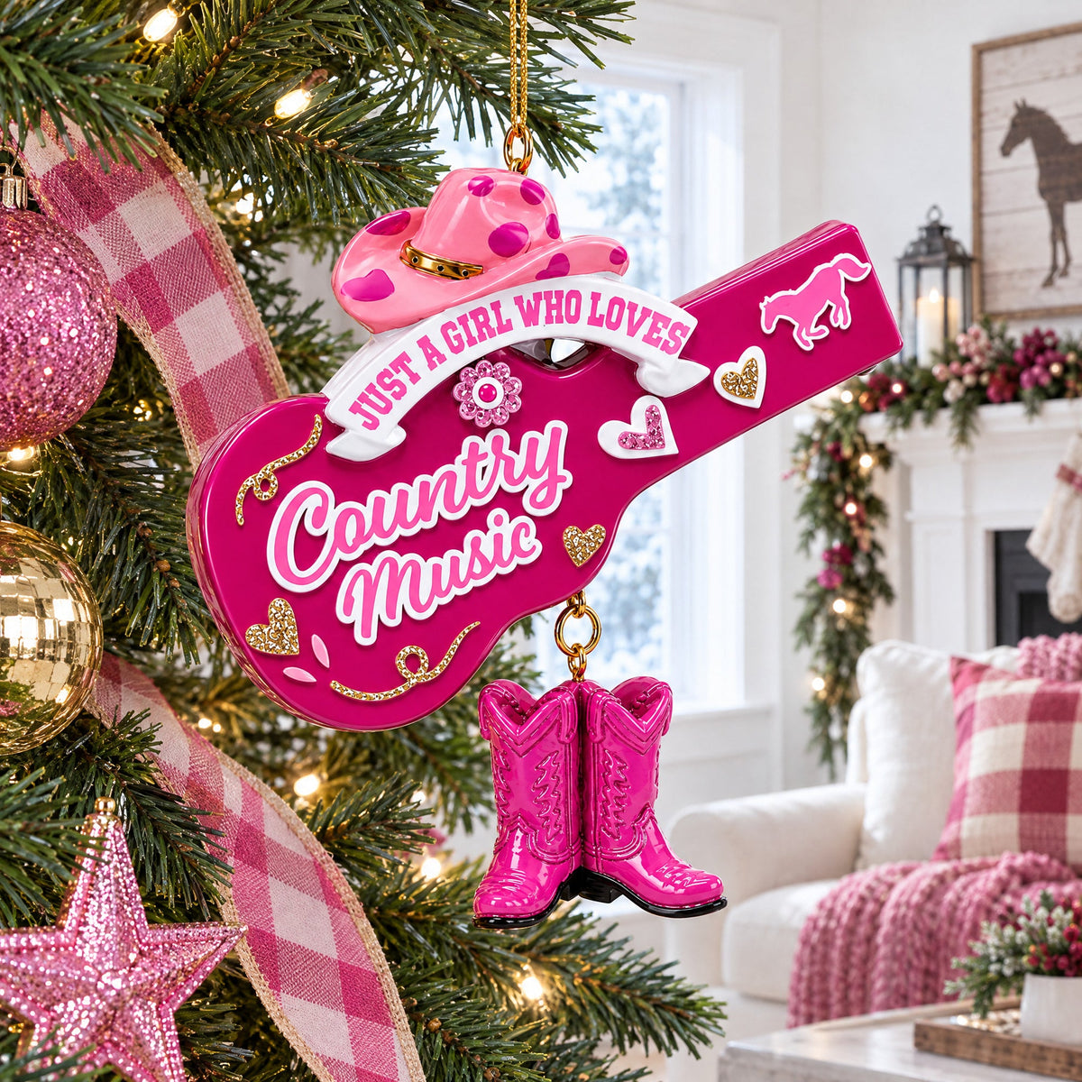 Pink Cowgirl Hat Country Music Guitar with Boots Resin Christmas Ornament