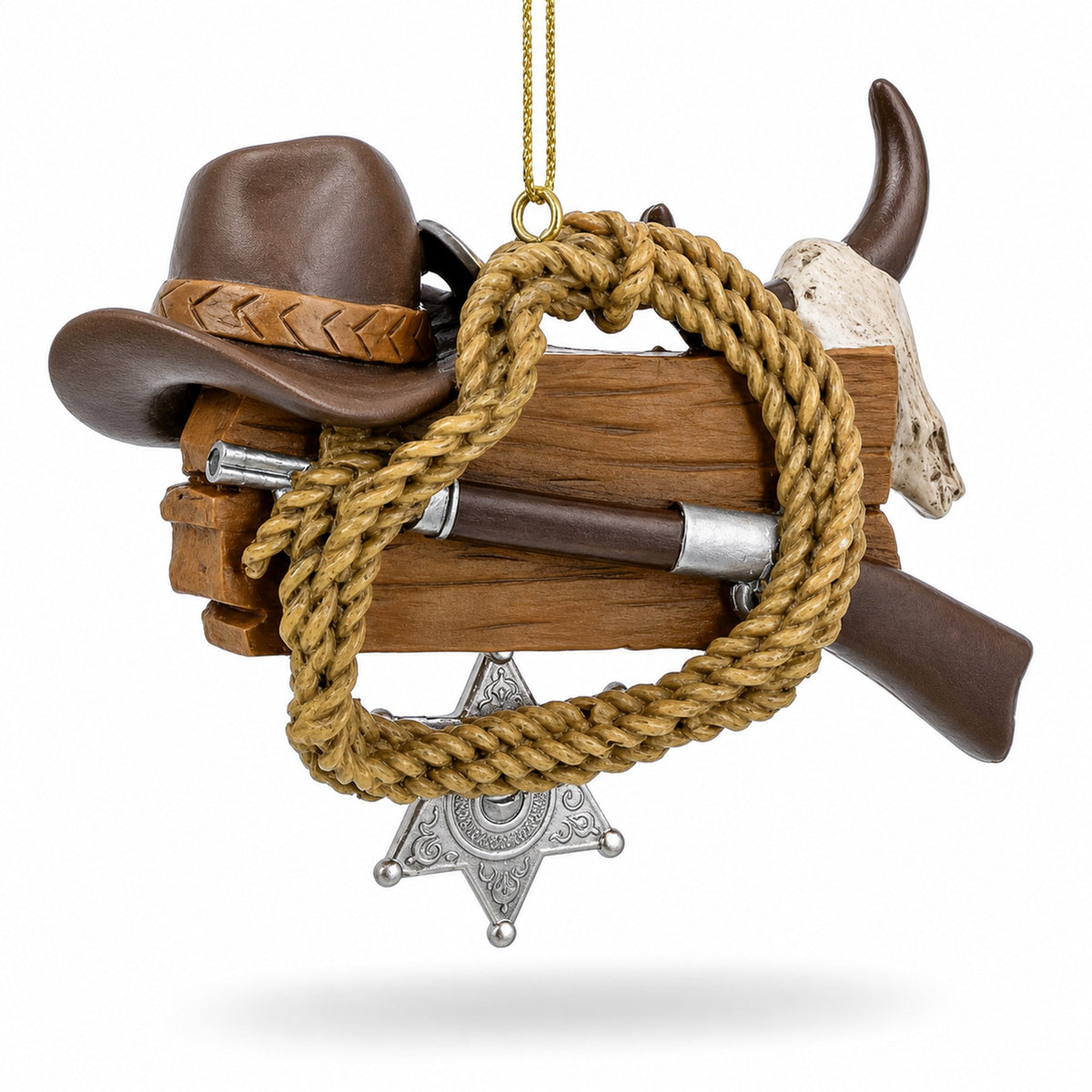 Western Cowboy Way Sign Sheriff Badge Skull Hat Resin Christmas Ornament