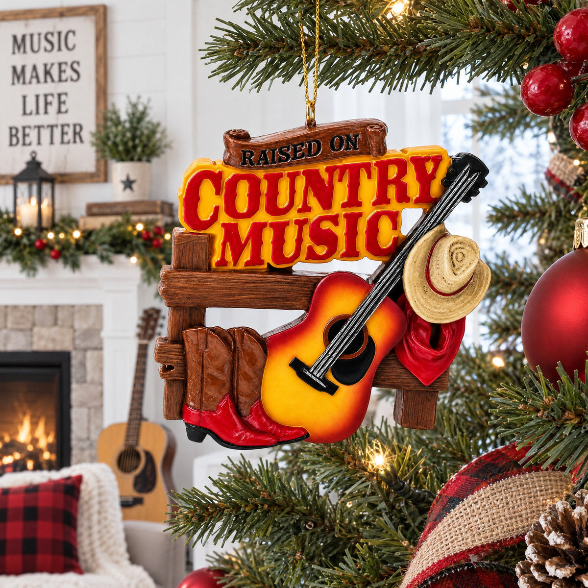 Raised On Country Music Guitar Cowboy Boots Resin Christmas Ornament