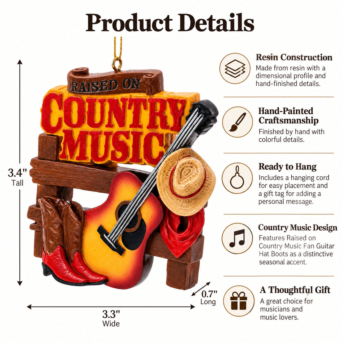 Raised On Country Music Guitar Cowboy Boots Resin Christmas Ornament
