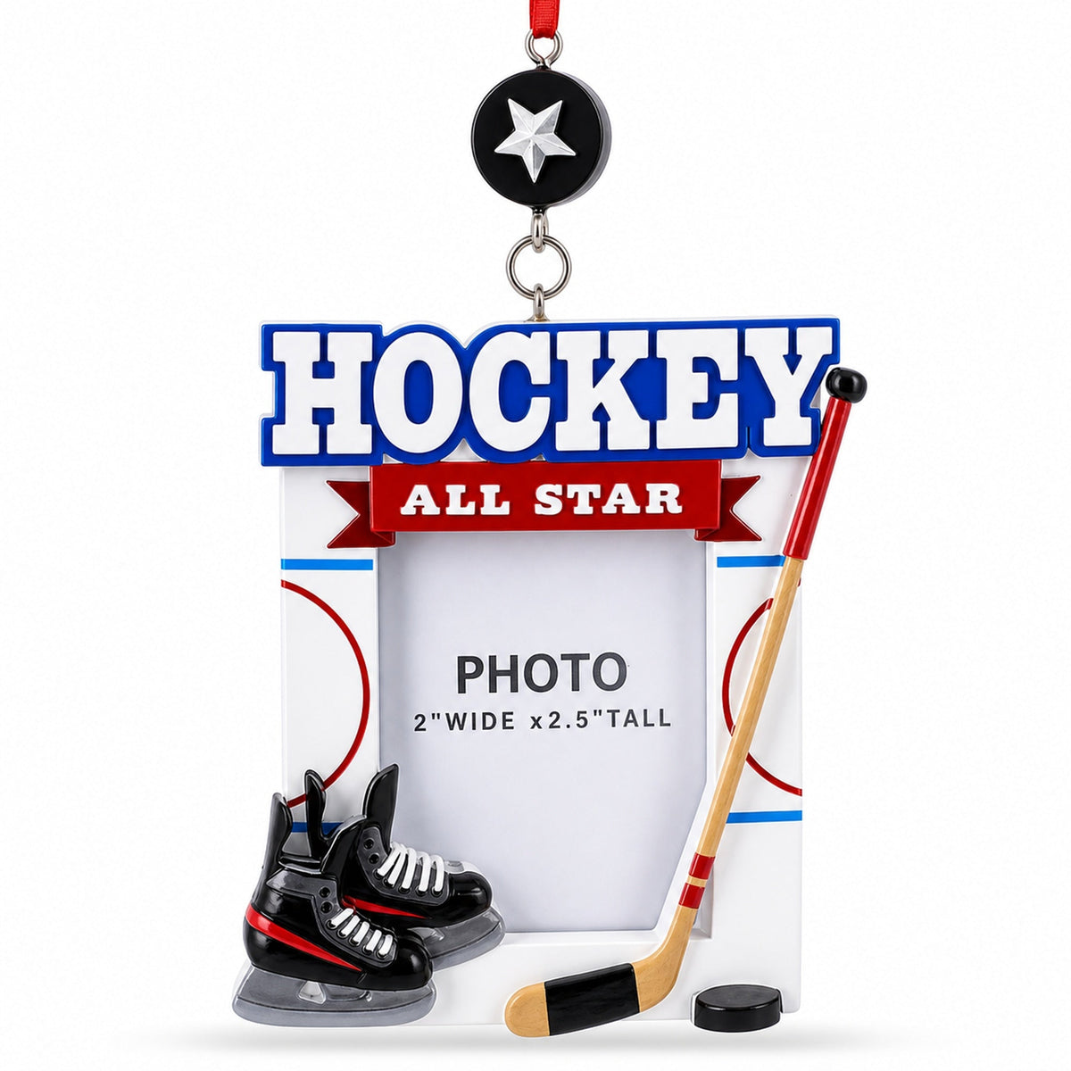 Ice Hockey Star Picture Frame Skates Puck Resin Christmas Ornament