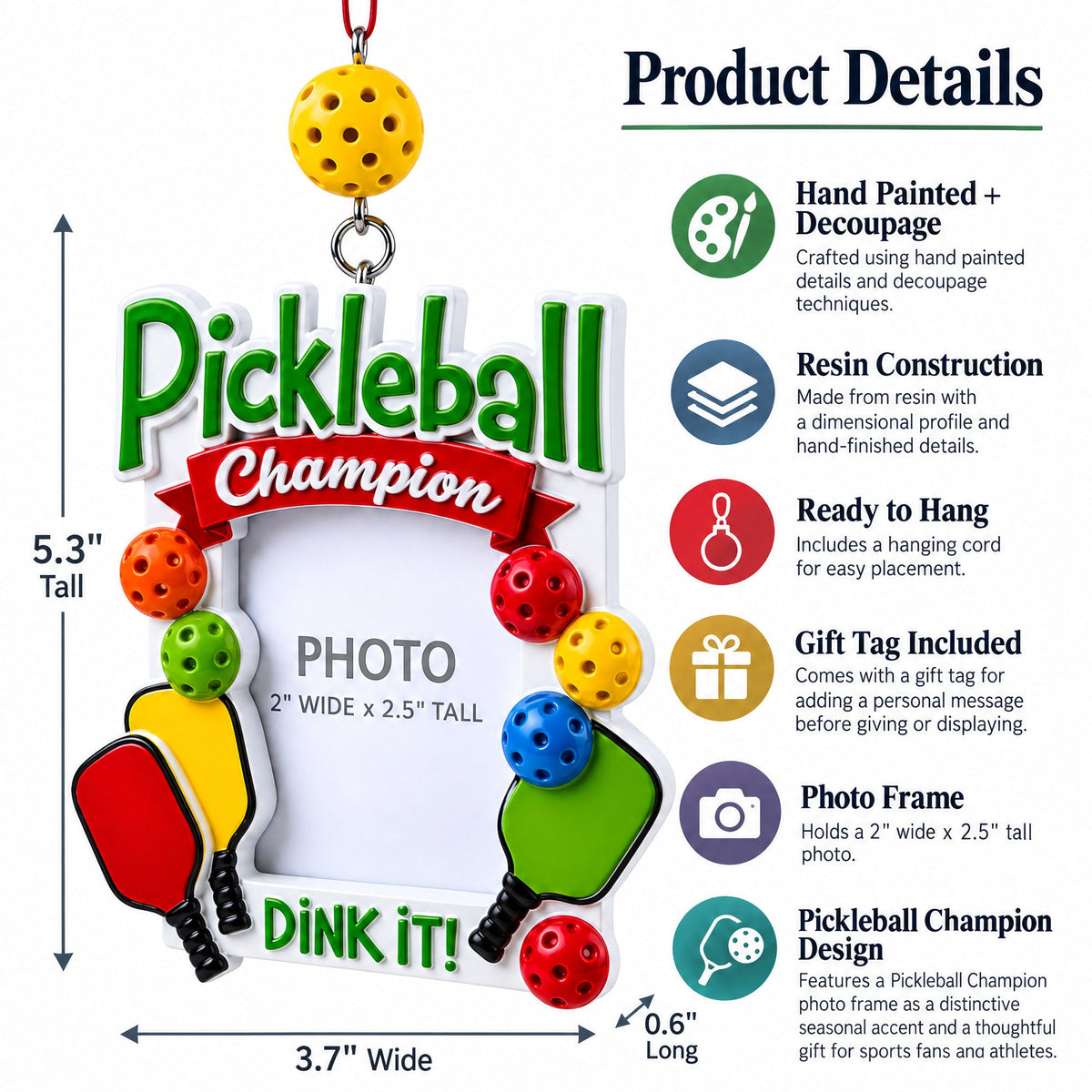 Pickleball Champion Dink It Picture Frame Resin Christmas Ornament