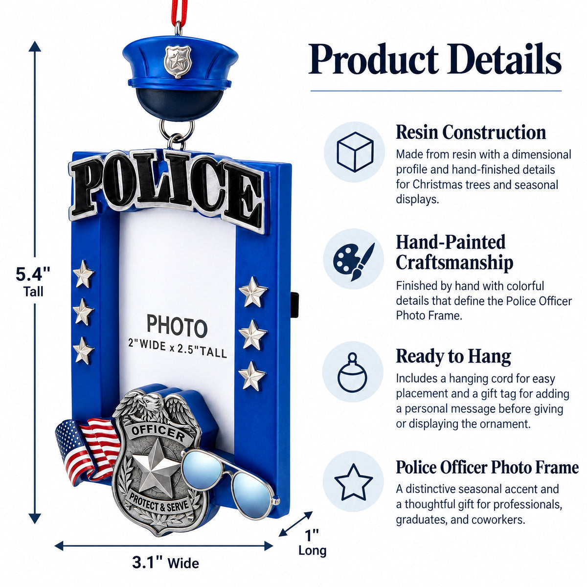 Police Officer Badge and Hat Picture Frame Resin Christmas Ornament
