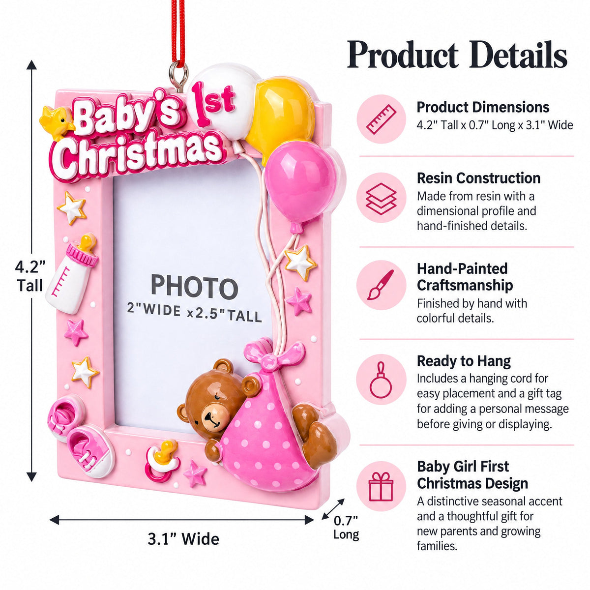 Pink Baby's 1st Christmas Picture Frame Resin Christmas Ornament