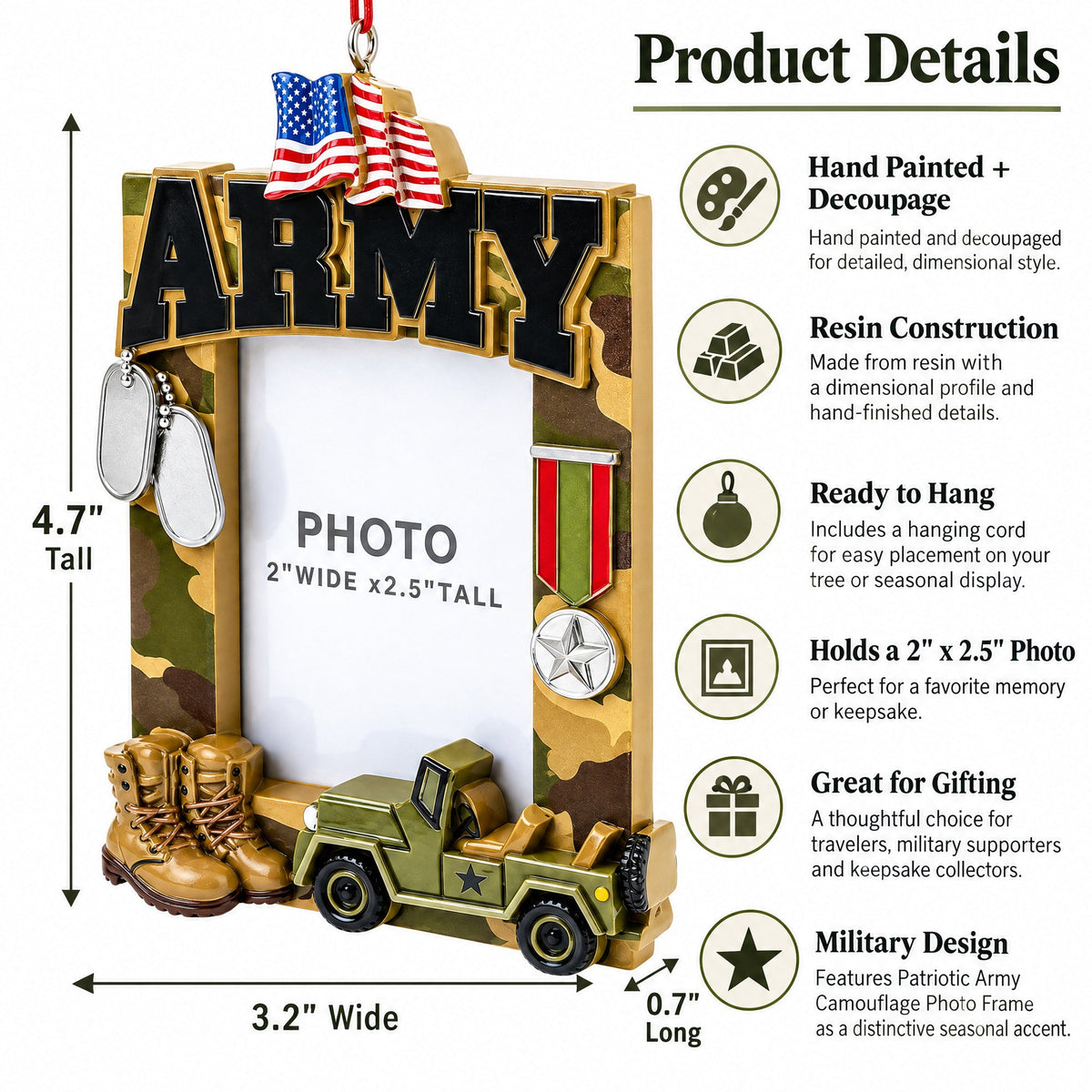 US Army Camo Patriotic Picture Frame with Medal Resin Christmas Ornament