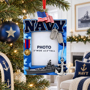 US Navy Camo Patriotic Picture Frame with Ship Resin Christmas Ornament