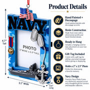 US Navy Camo Patriotic Picture Frame with Ship Resin Christmas Ornament