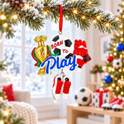 Born To Play Soccer Ball Cleats Trophy and Gloves Resin Christmas Ornament