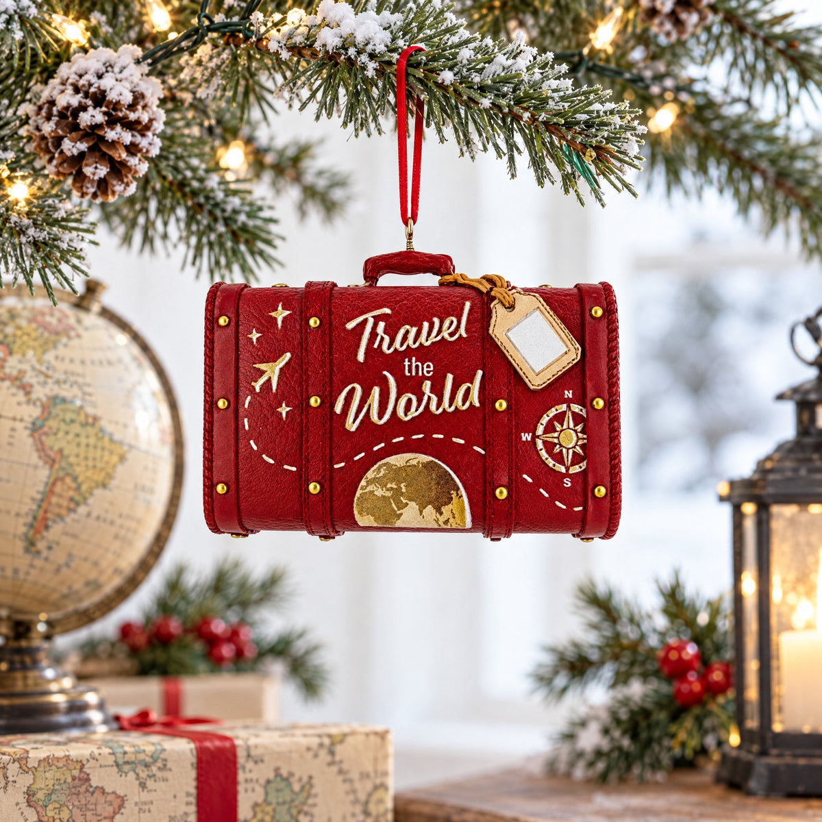 Travel The World Red Vintage Suitcase Luggage Resin Christmas Ornament