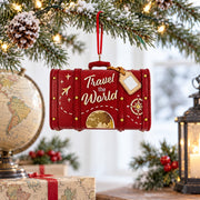 Travel The World Red Vintage Suitcase Luggage Resin Christmas Ornament
