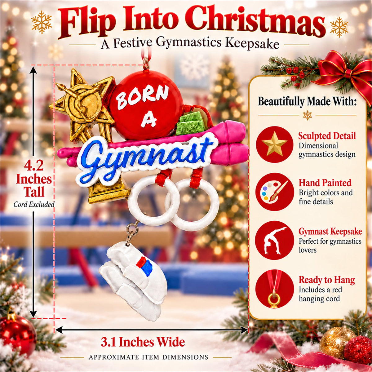 Born A Gymnast Rings and Trophy Resin Christmas Ornament