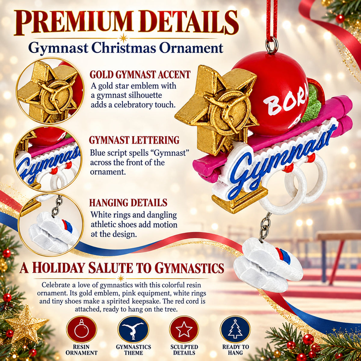 Born A Gymnast Rings and Trophy Resin Christmas Ornament