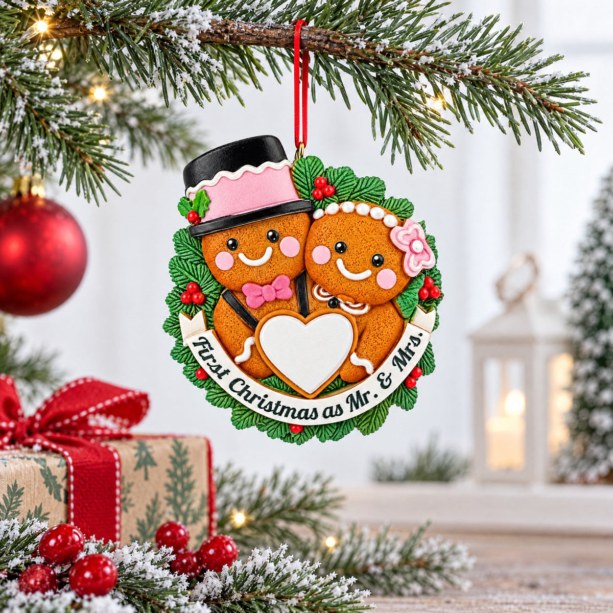 Mr & Mrs First Christmas Couple Gingerbread Wreath Resin Christmas Ornament