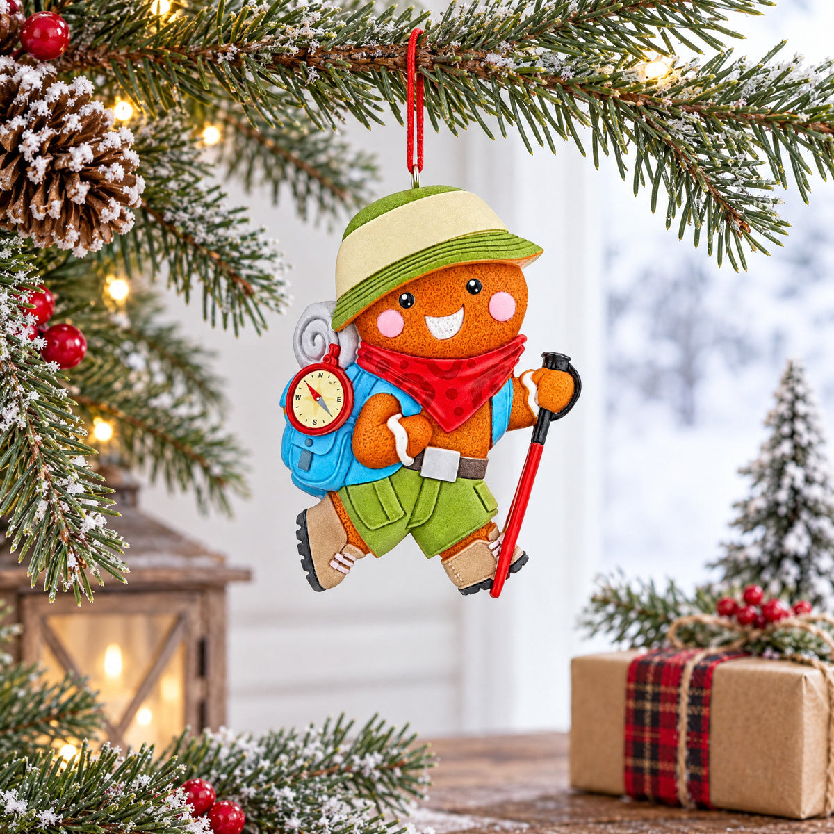 Hiking Gingerbread Man With Backpack Compass Resin Christmas Ornament