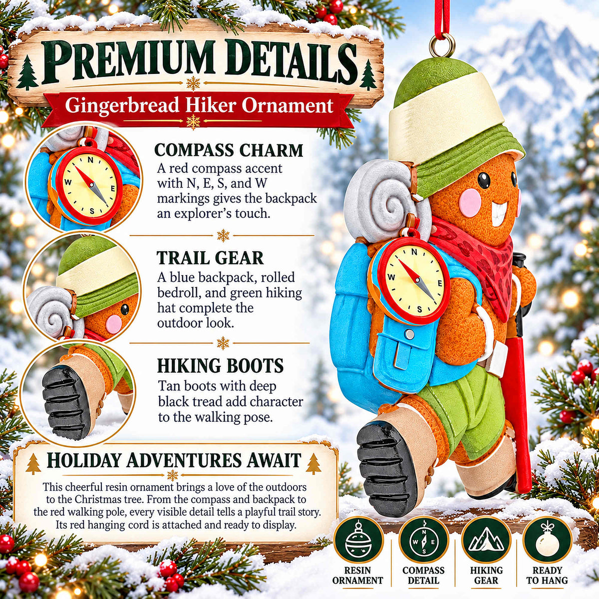 Hiking Gingerbread Man With Backpack Compass Resin Christmas Ornament