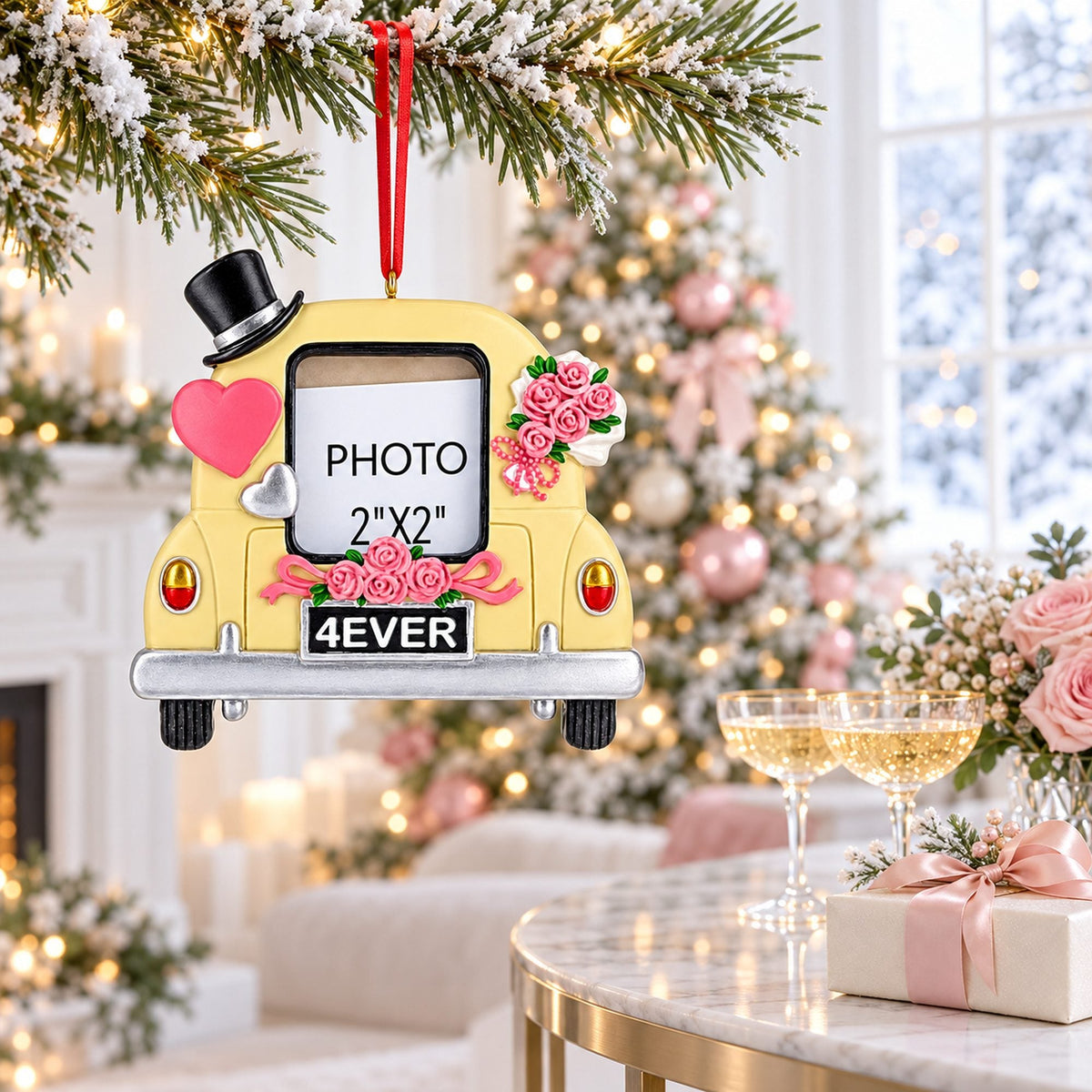 Just Married Wedding Car 2x2 Photo Frame Resin Christmas Ornament