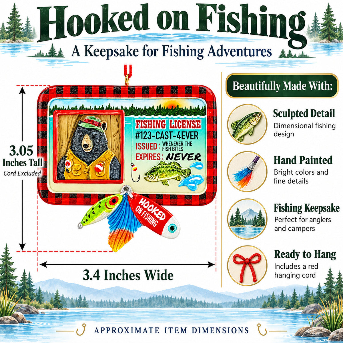 Bear's Fishing License with Lures Resin Christmas Ornament