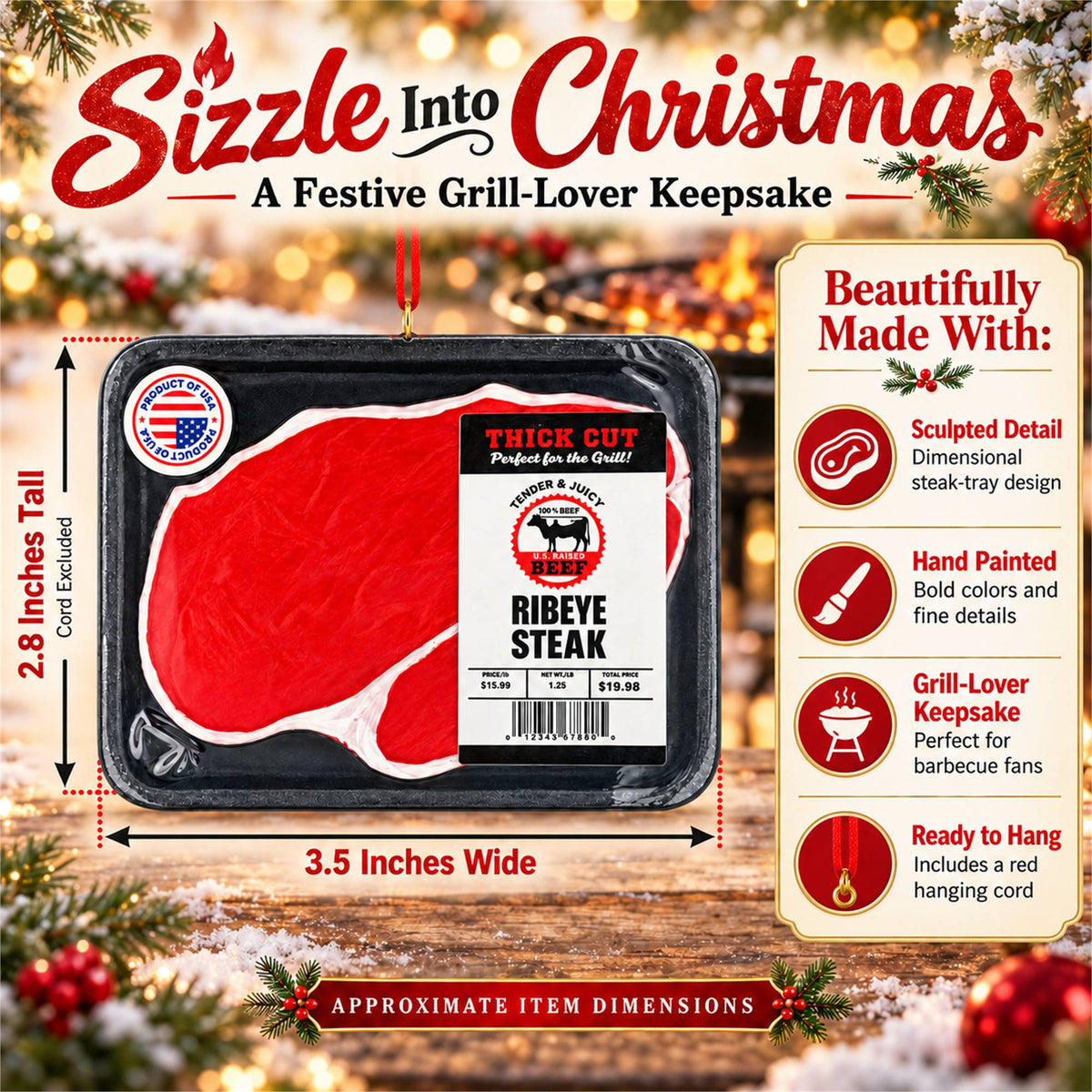 Thick Cut Ribeye Steak Butcher Tray Decor Resin Christmas Ornament