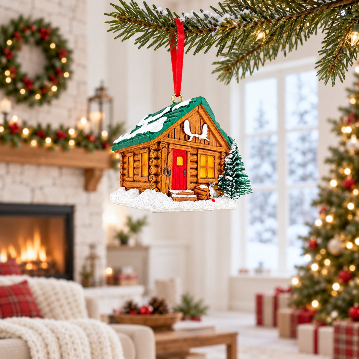 Winter Log Cabin Pine Tree And Antlers Resin Christmas Ornament