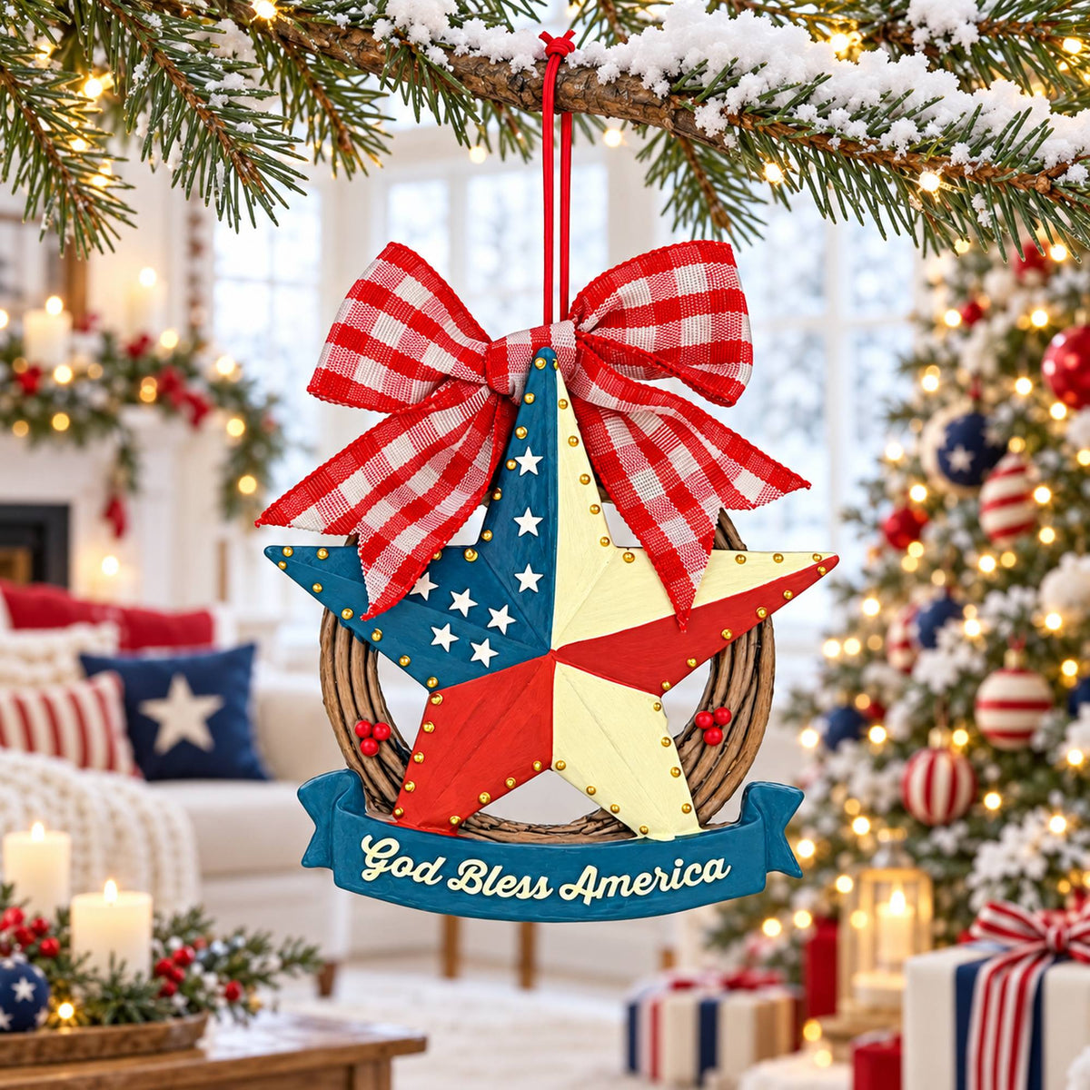 Americana Patriotic Star Wreath God Bless America Resin Christmas Ornament