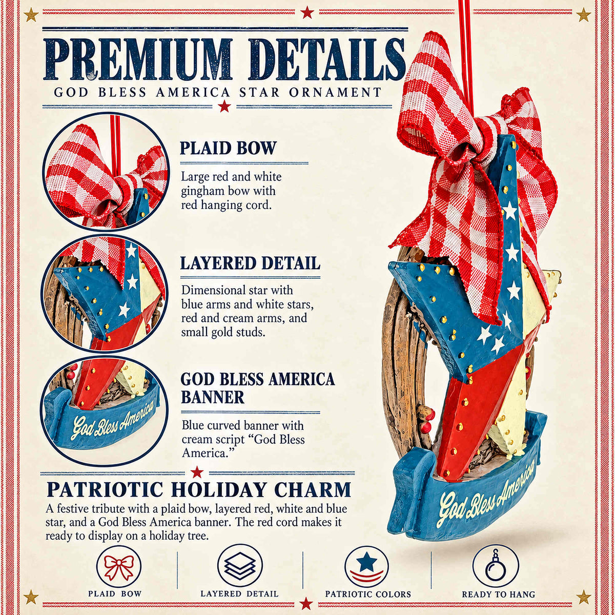 Americana Patriotic Star Wreath God Bless America Resin Christmas Ornament