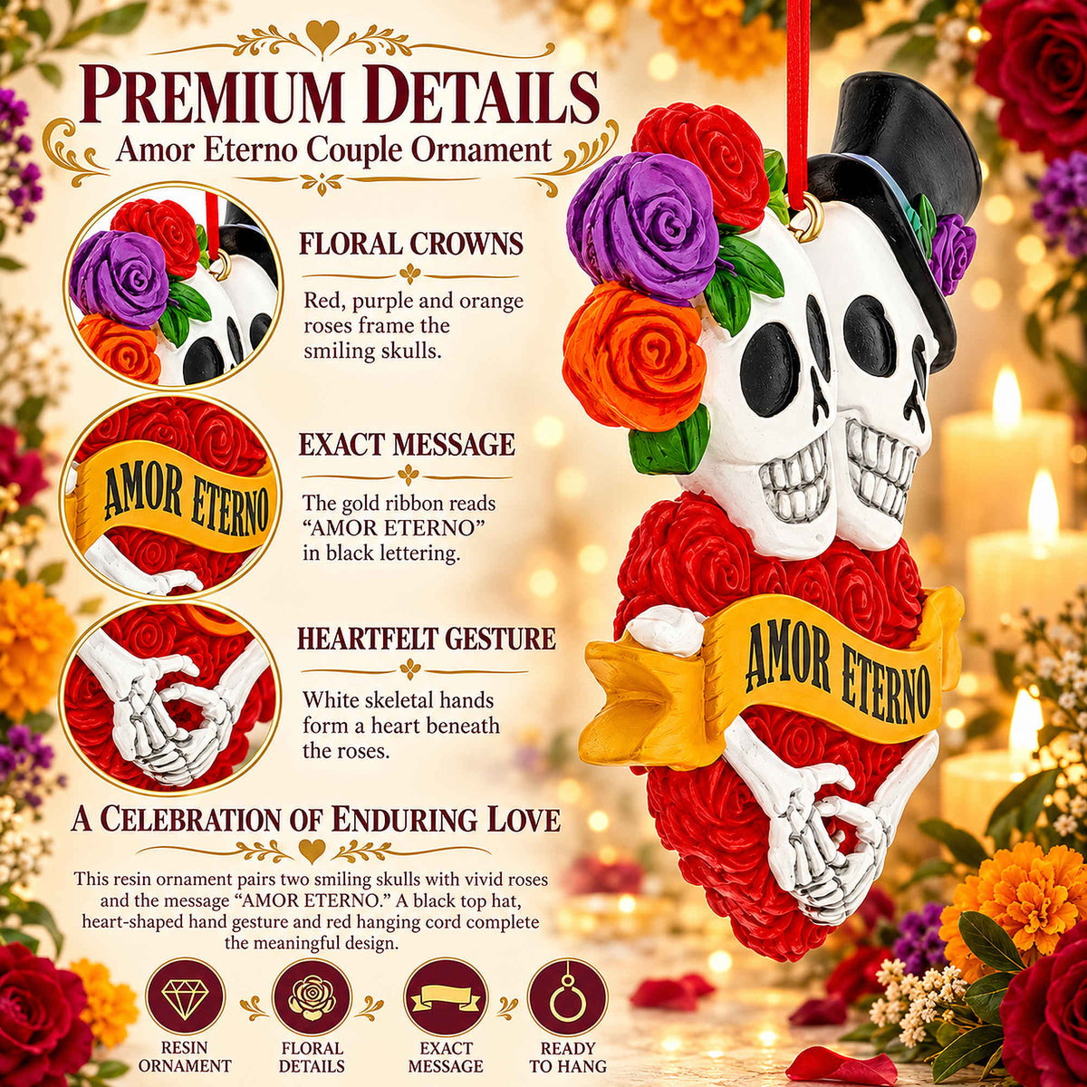 Day Of The Dead Sugar Skulls Rose Heart Resin Christmas Ornament
