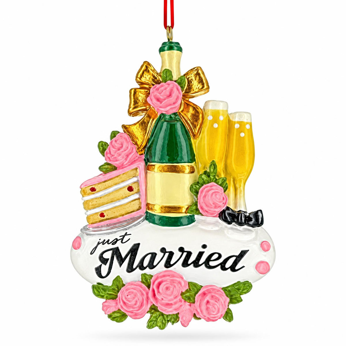 Just Married Champagne Flutes And Cake Resin Christmas Ornament