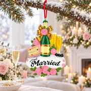 Just Married Champagne Flutes And Cake Resin Christmas Ornament