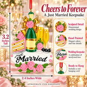 Just Married Champagne Flutes And Cake Resin Christmas Ornament