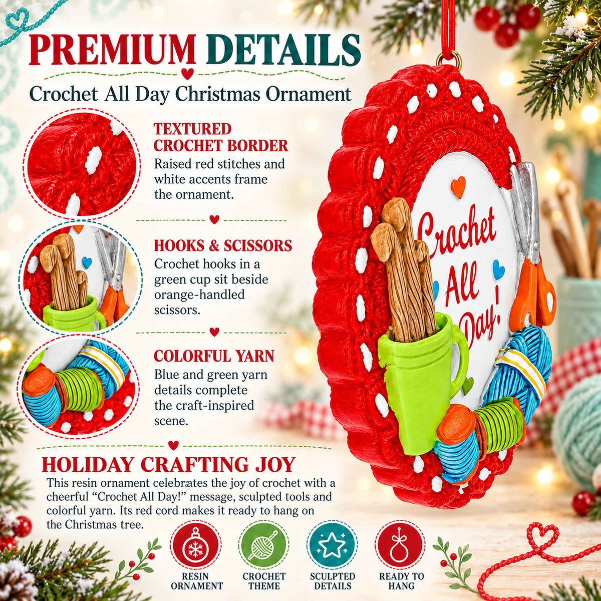 Crafter Hobby Crochet All Day Yarn Resin Christmas Ornament
